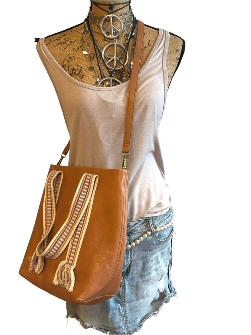 Madewell Transport Tote Tan Leather With Woven Handles Boho Detachable Strap - Picture 3 of 10